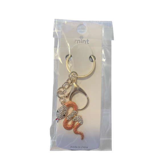 SNAKE KEYCHAIN PINK AND CLEAR SPARKLES ON GOLD PLATED - Picture 1 of 1